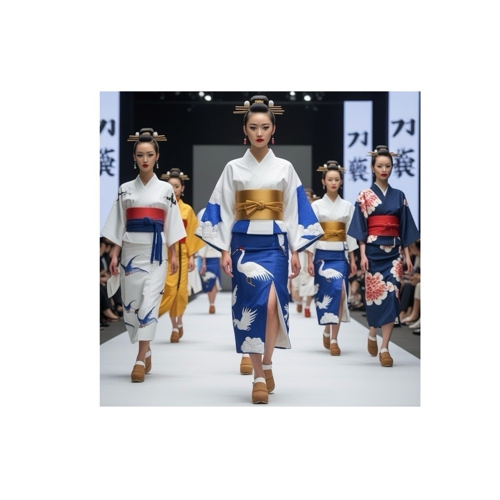 HANDCRAFTED Elegant Kimono with Crane Design models on a catwalk digital print